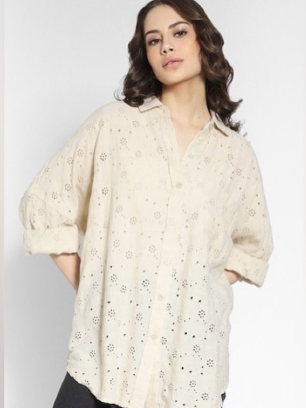American Eagle-Go Big-Oversized-Eyelet-Tan-Button Up-Shirt-S